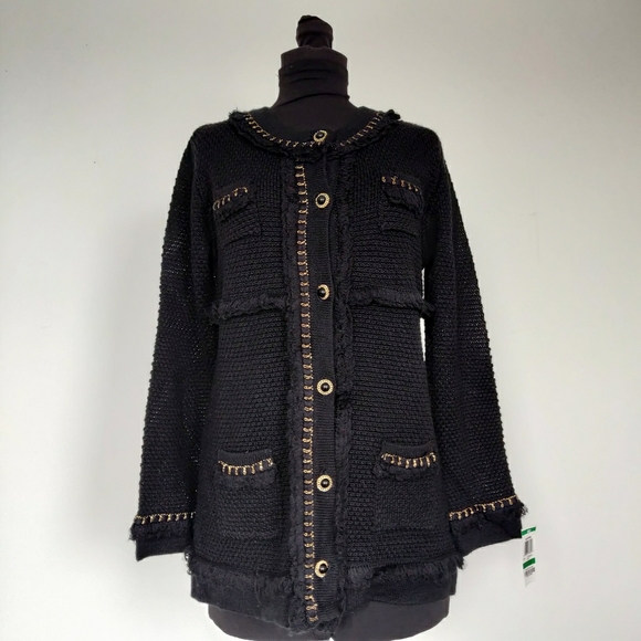 INC International Concepts Sweaters - NWT INC Black Boucle  Wool Blazer Gold & Fringe L